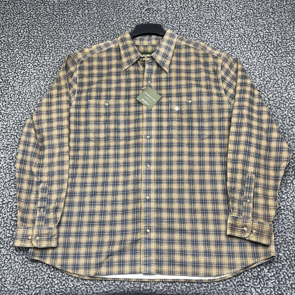 Eddie Bauer Button Up Shirt Men XXL Brown Blue Plaid Flannel Cotton New 2XL